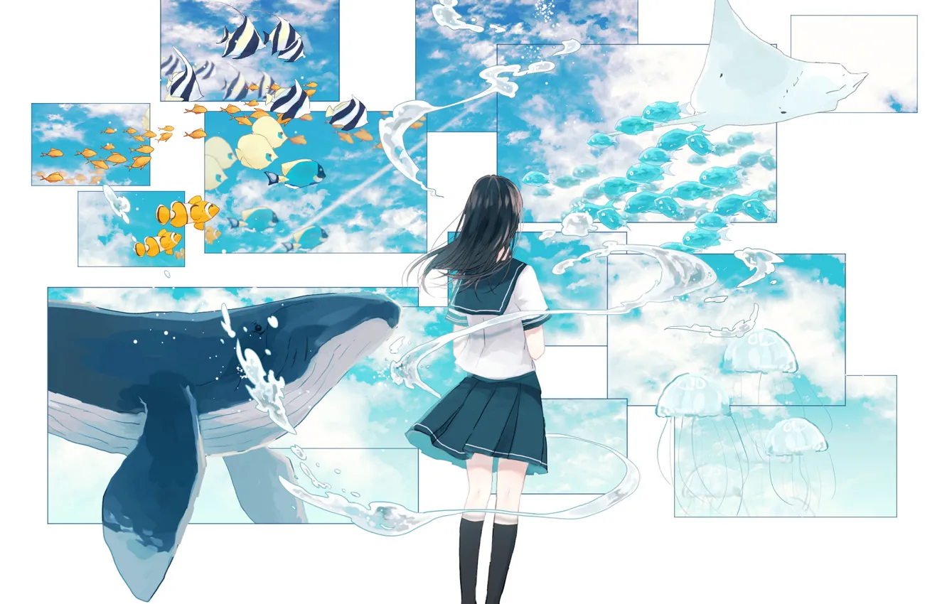 Photo wallpaper girl, fish, aquarium, fish