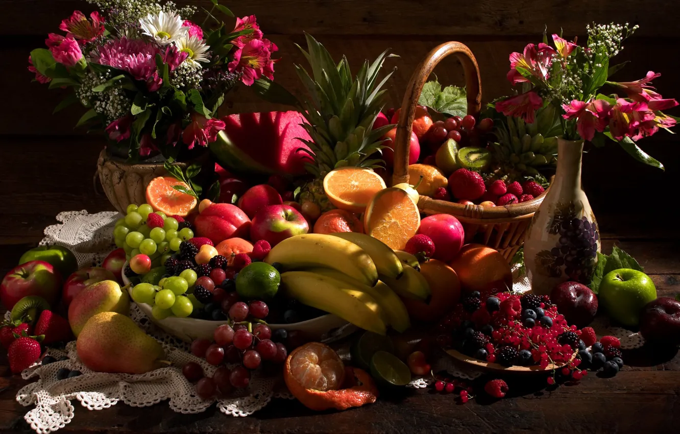 Photo wallpaper flowers, berries, raspberry, lemon, basket, apples, orange, bouquet