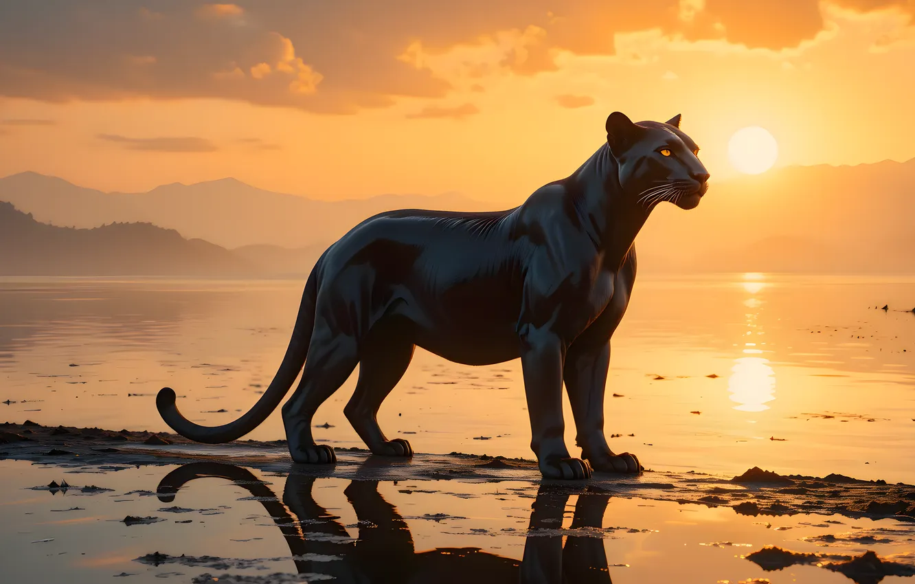 Photo wallpaper the sun, clouds, light, reflection, dawn, shore, morning, Panther