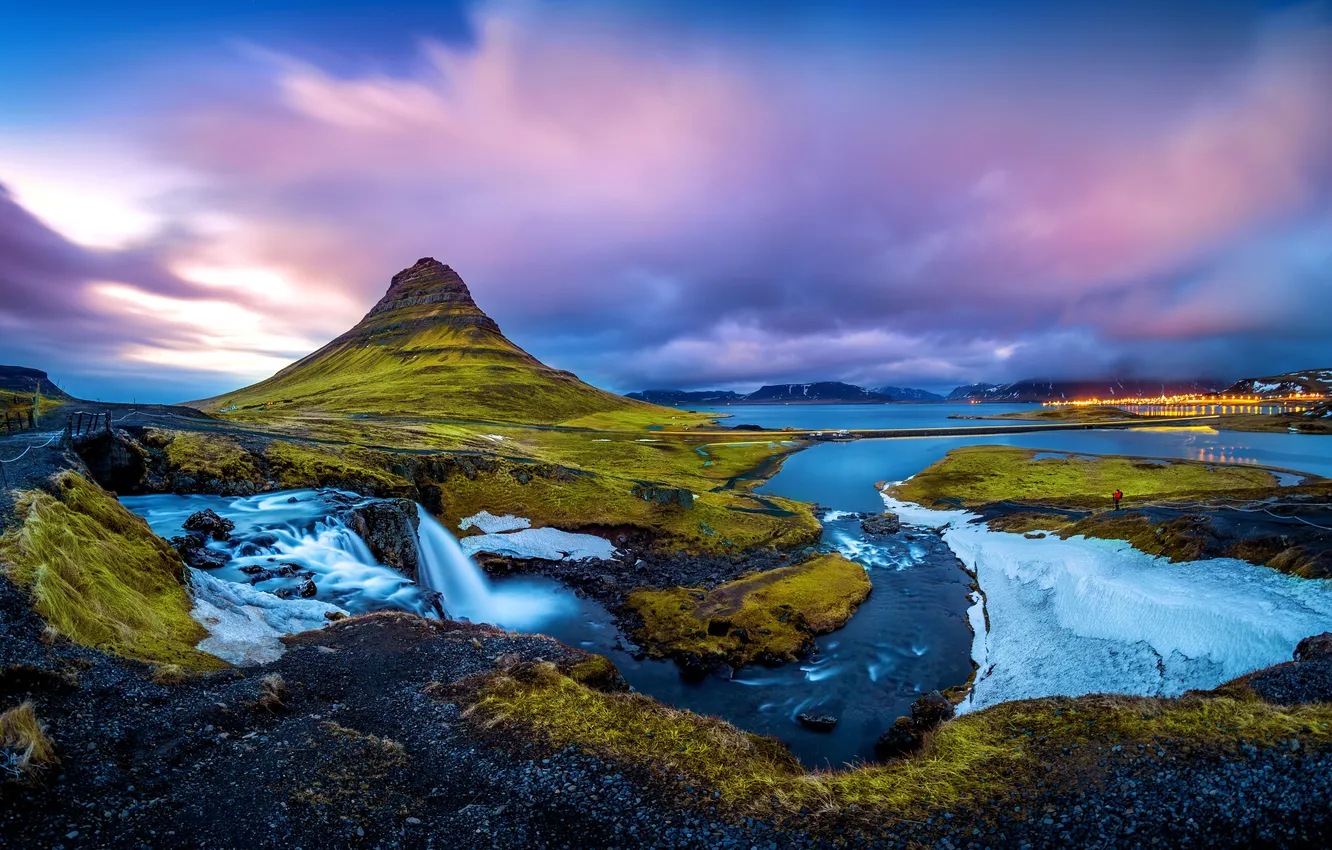 Photo wallpaper clouds, waterfall, twilight, twilight, Iceland, waterfall, charm, Iceland