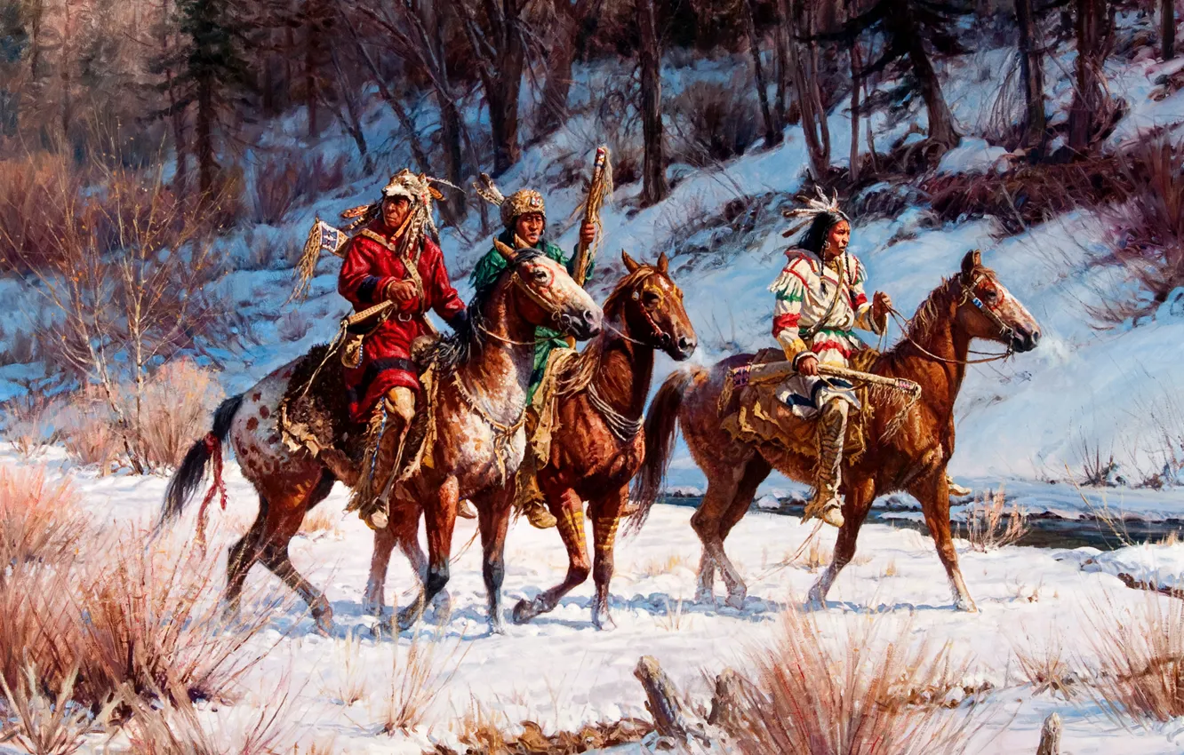 Photo wallpaper winter, forest, landscape, stream, horse, picture, the Indians, watch