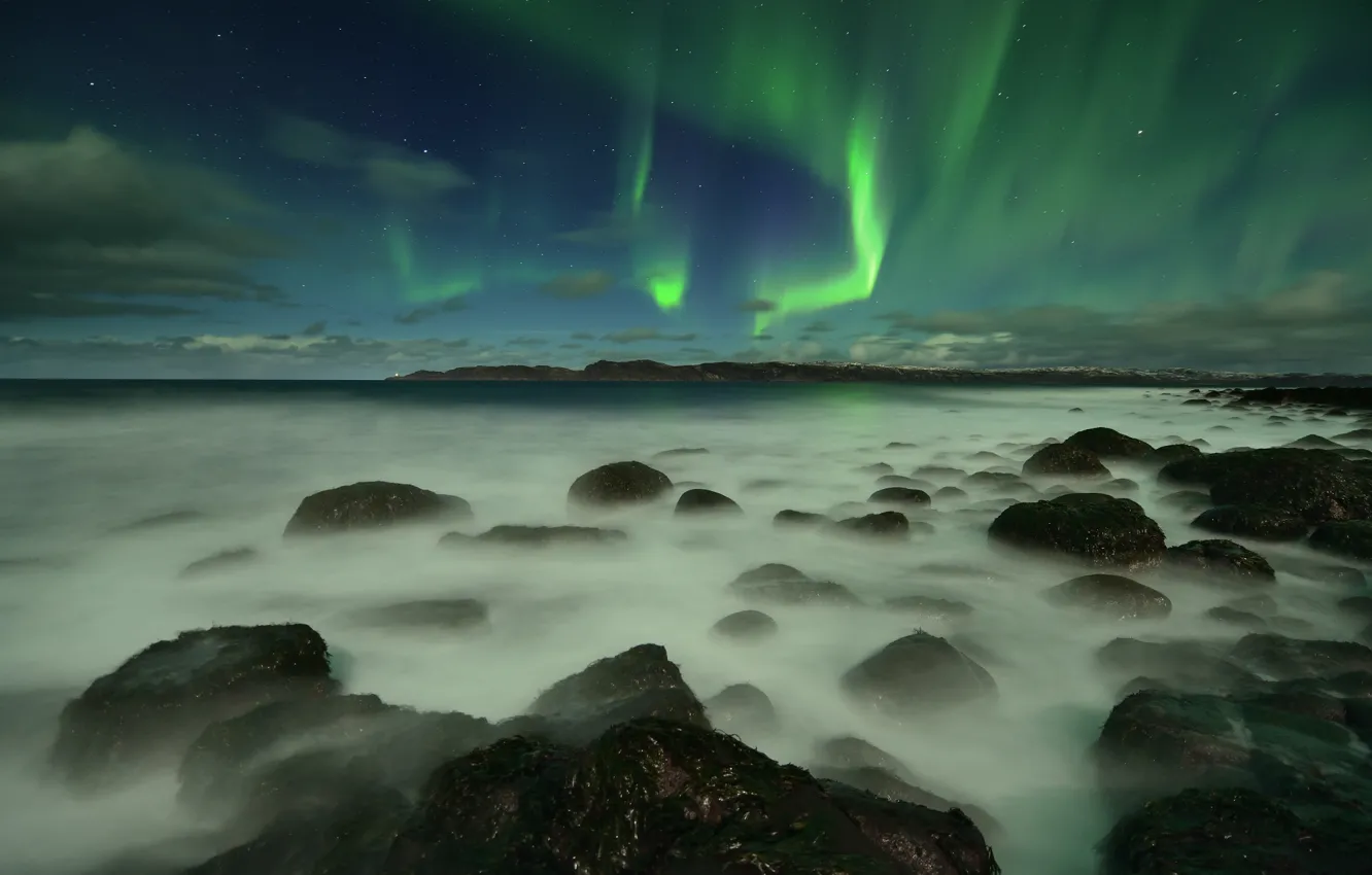 Photo wallpaper sea, the sky, stars, mountains, night, fog, stones, rocks