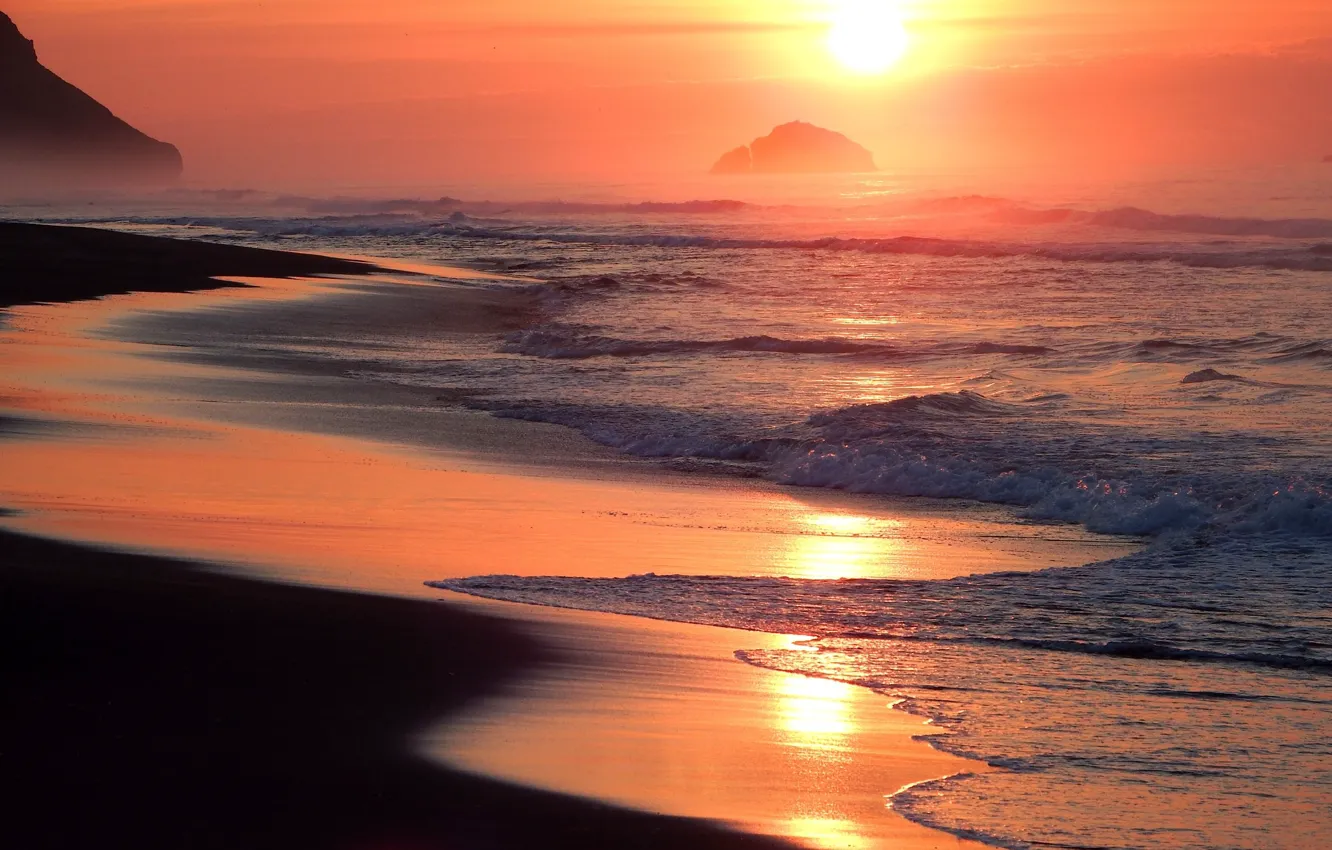 Photo wallpaper sand, sea, wave, beach, the sky, the sun, light, sunset