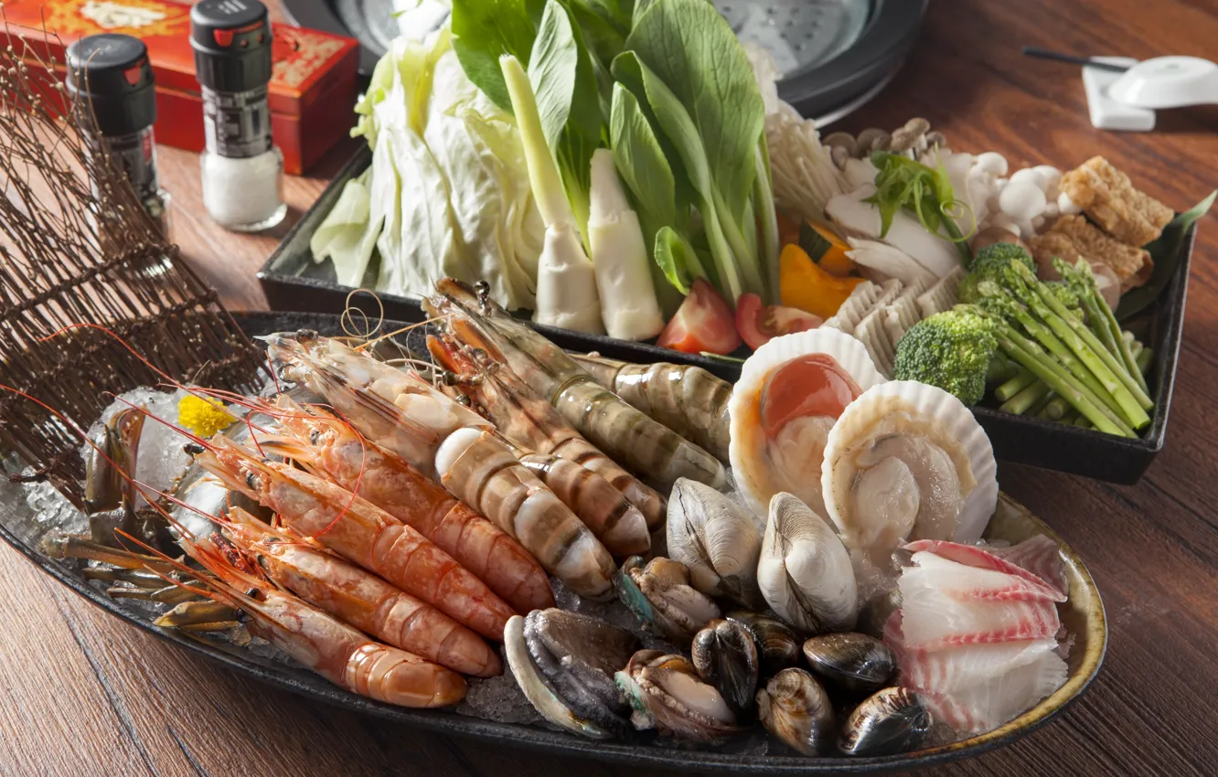 Photo wallpaper vegetables, shrimp, seafood, shellfish