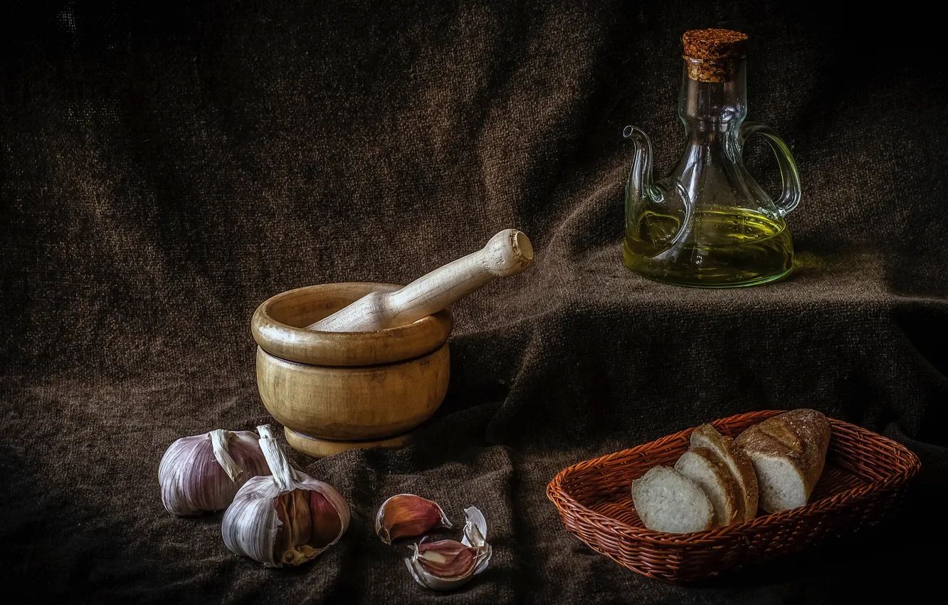 Photo wallpaper oil, bread, still life, basket, garlic