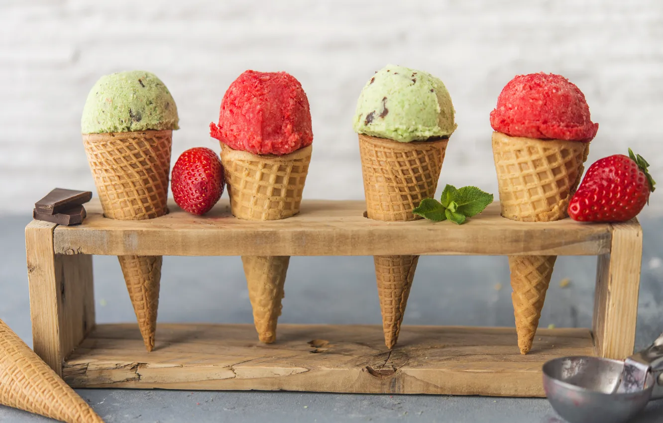 Photo wallpaper horn, ice cream, stand, balls