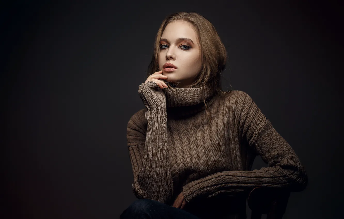 Photo wallpaper look, girl, face, pose, background, portrait, makeup, sweater