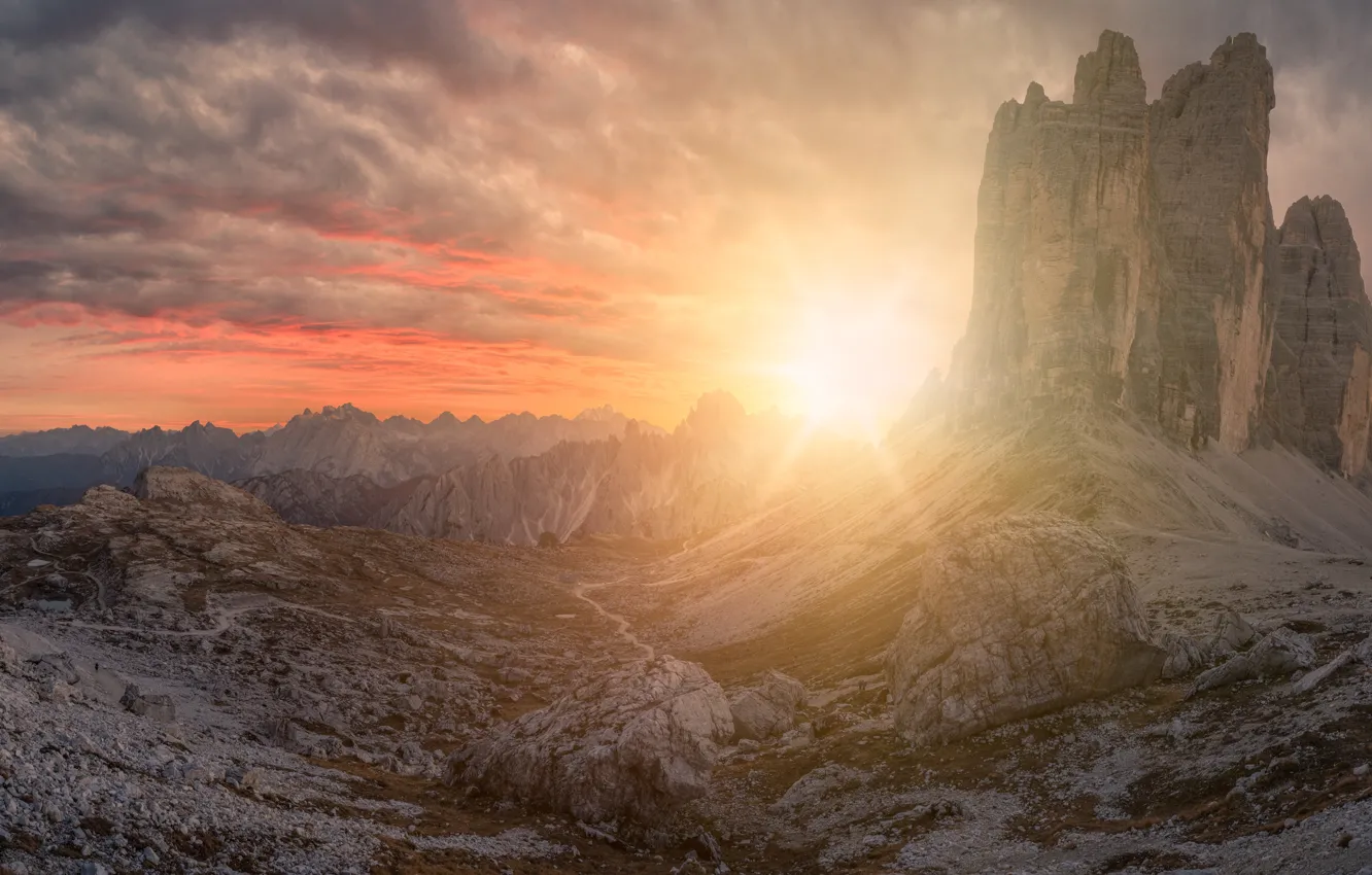 Photo wallpaper the sky, the sun, clouds, rays, mountains, rocks, dawn, the slopes