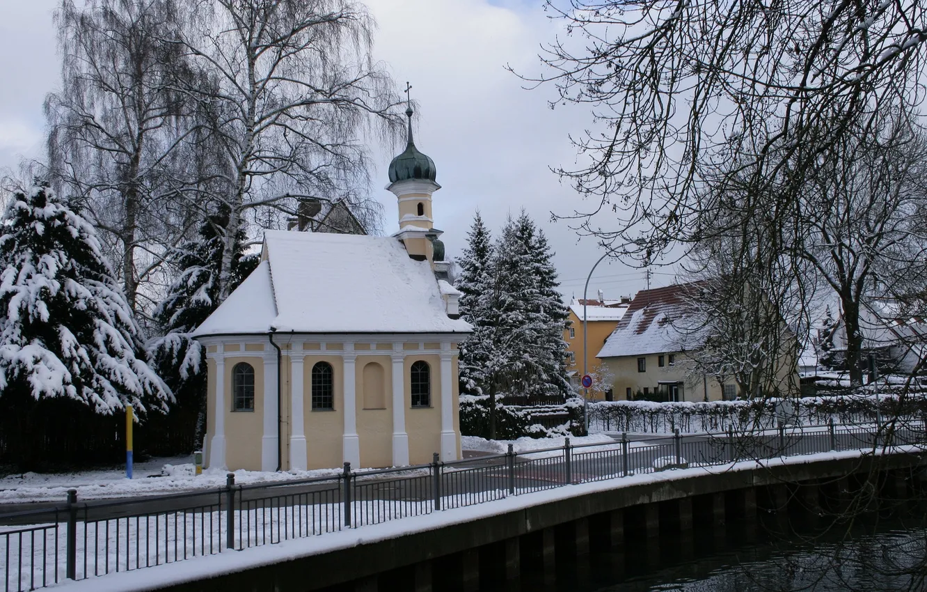 Photo wallpaper winter, river, Church