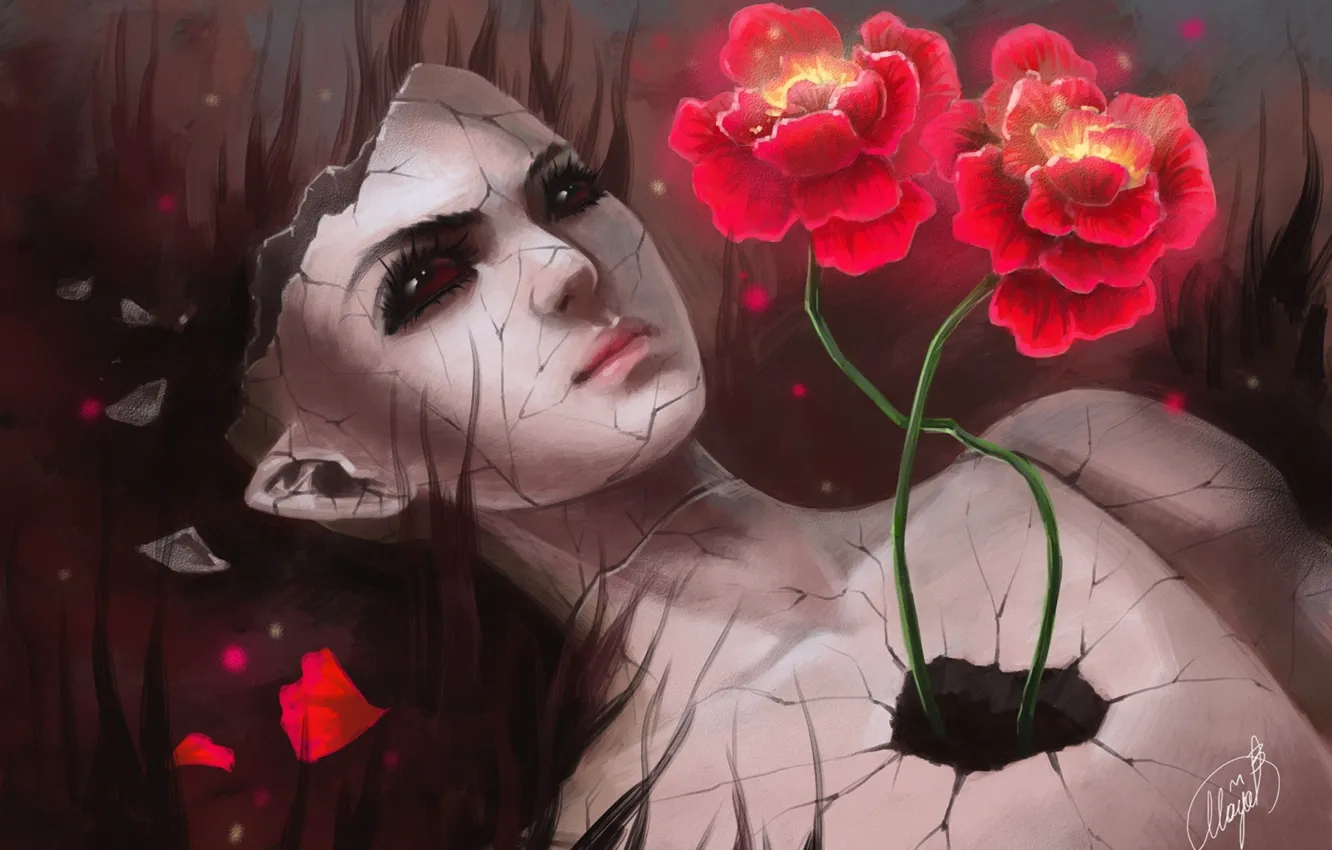 Photo wallpaper girl, flowers, cracked, surrealism, doll, art, broken