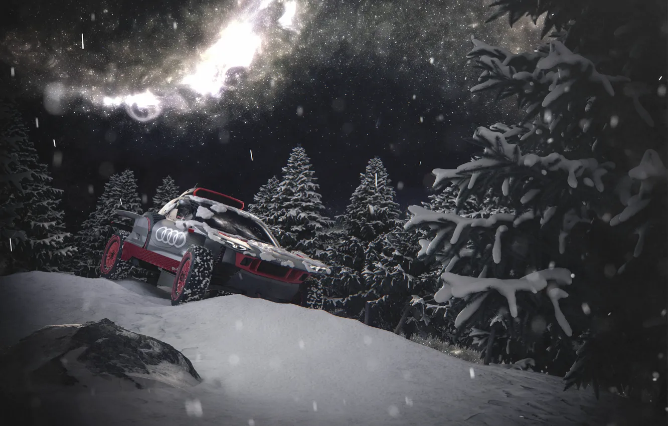 Photo wallpaper Audi, Winter, Snow, Tree, Merry Christmas, Merry Christmas, Audi RS Q e-tron, Virtual world tour