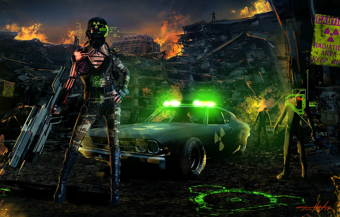 Photo wallpaper machine, girl, the city, lights, weapons, fiction, police, art