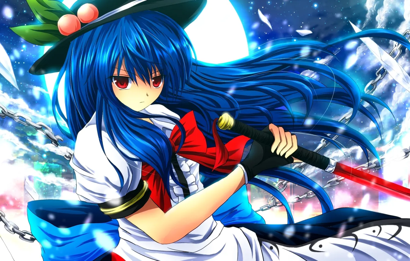 Photo wallpaper girl, the moon, sword, katana, art, chain, hat, Hinanawi Tenshi