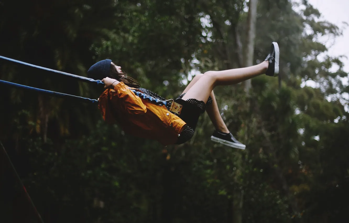 Photo wallpaper girl, swing, hat, swinging