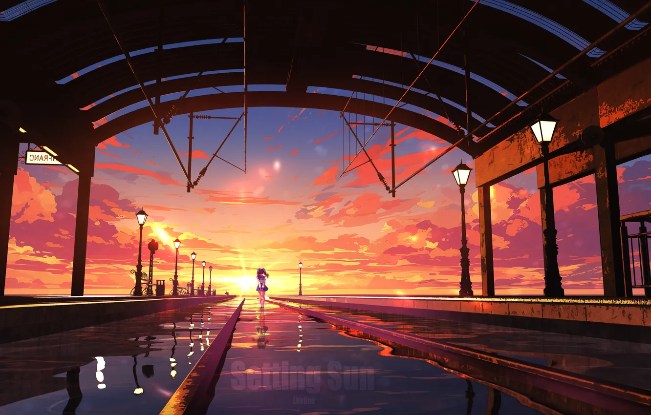 Photo wallpaper girl, sunset, rails, puddle, after the rain