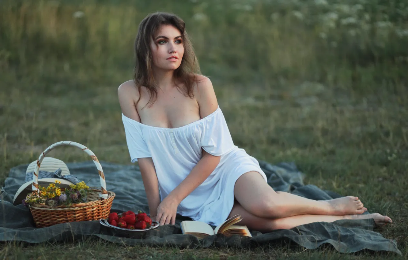 Photo wallpaper flowers, look, litter, hat, pose, nature, brown hair, barefoot