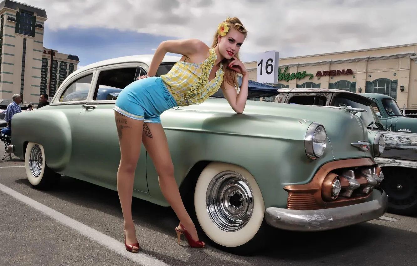 Photo wallpaper girl, beautiful girl, posing on the car, retro cars