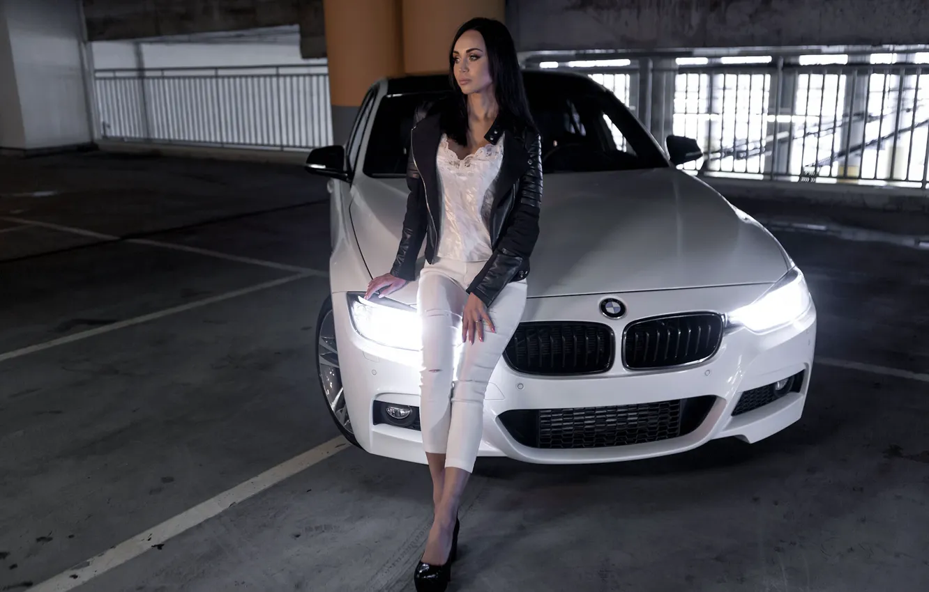 Photo wallpaper look, Girls, BMW, beautiful girl, Valeria, white car, posing on the car