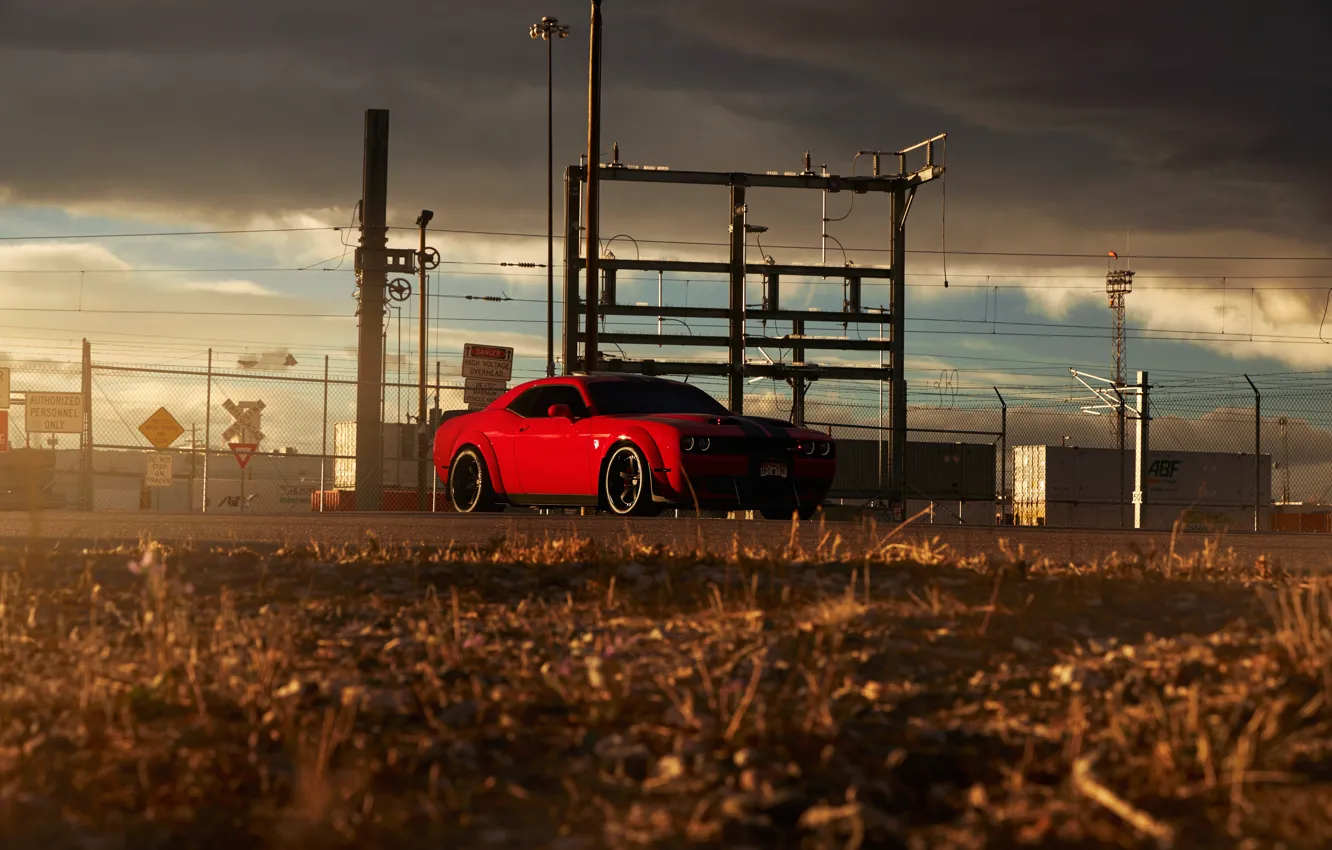 Photo wallpaper Dodge, Challenger, Clouds, SRT