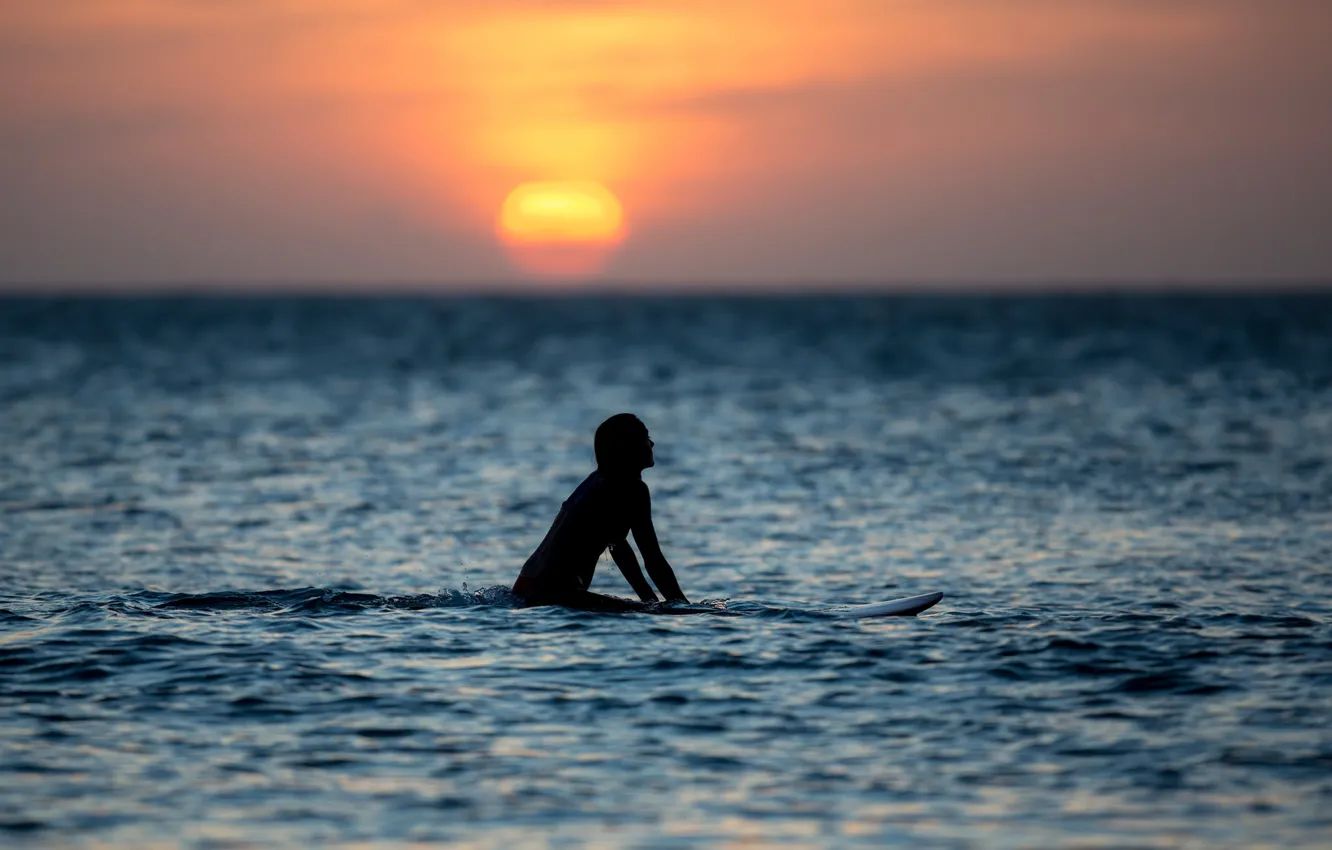 Photo wallpaper sea, girl, sunset, horizon, surfing, girl, sea, sunset