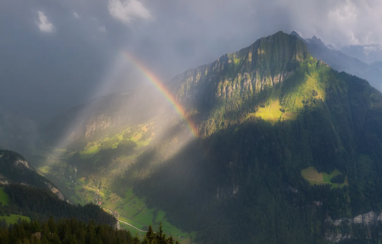 Photo wallpaper rays, light, mountains, fog, rainbow, morning, haze
