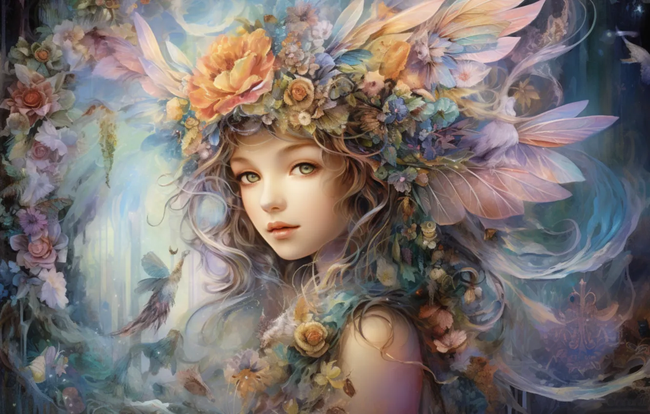 Photo wallpaper look, girl, flowers, fantasy, hair, portrait, fantasy, elf