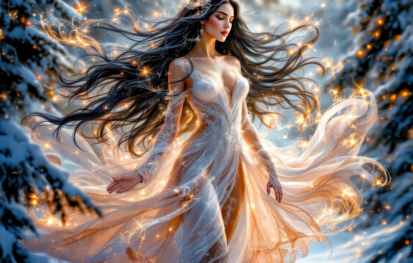 Photo wallpaper winter, frost, forest, chest, girl, snow, branches, nature