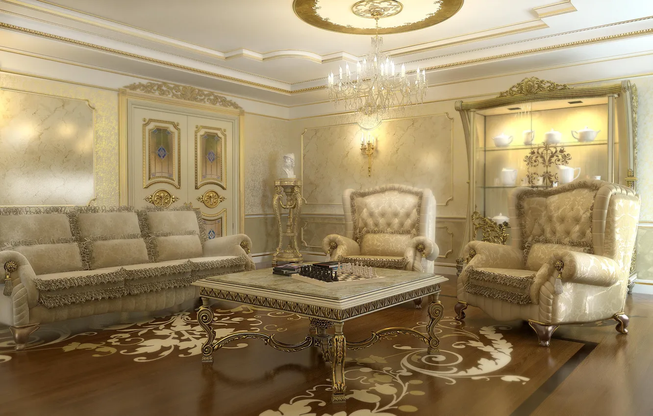 Photo wallpaper room, sofa, furniture, interior, chairs, chandelier