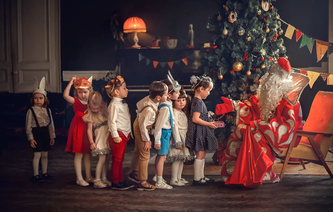 Photo wallpaper children, holiday, girls, new year, gifts, tree, Santa Claus, mask