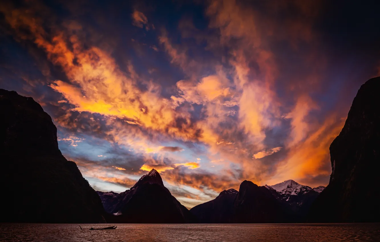 Photo wallpaper sunset, New Zealand, New Zealand, sunset, Milford Sound