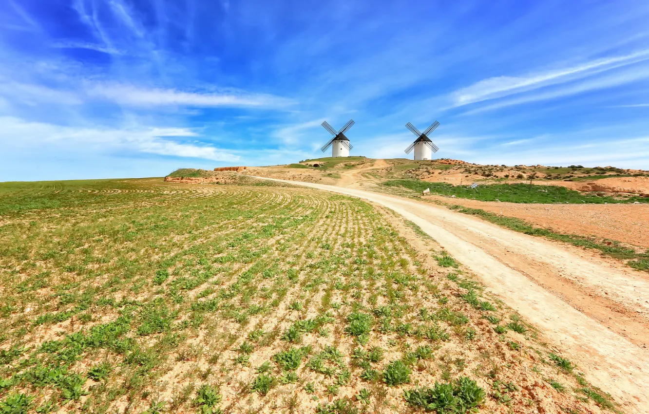 Photo wallpaper Molinos, field, Castilla La Mancha, road, summer