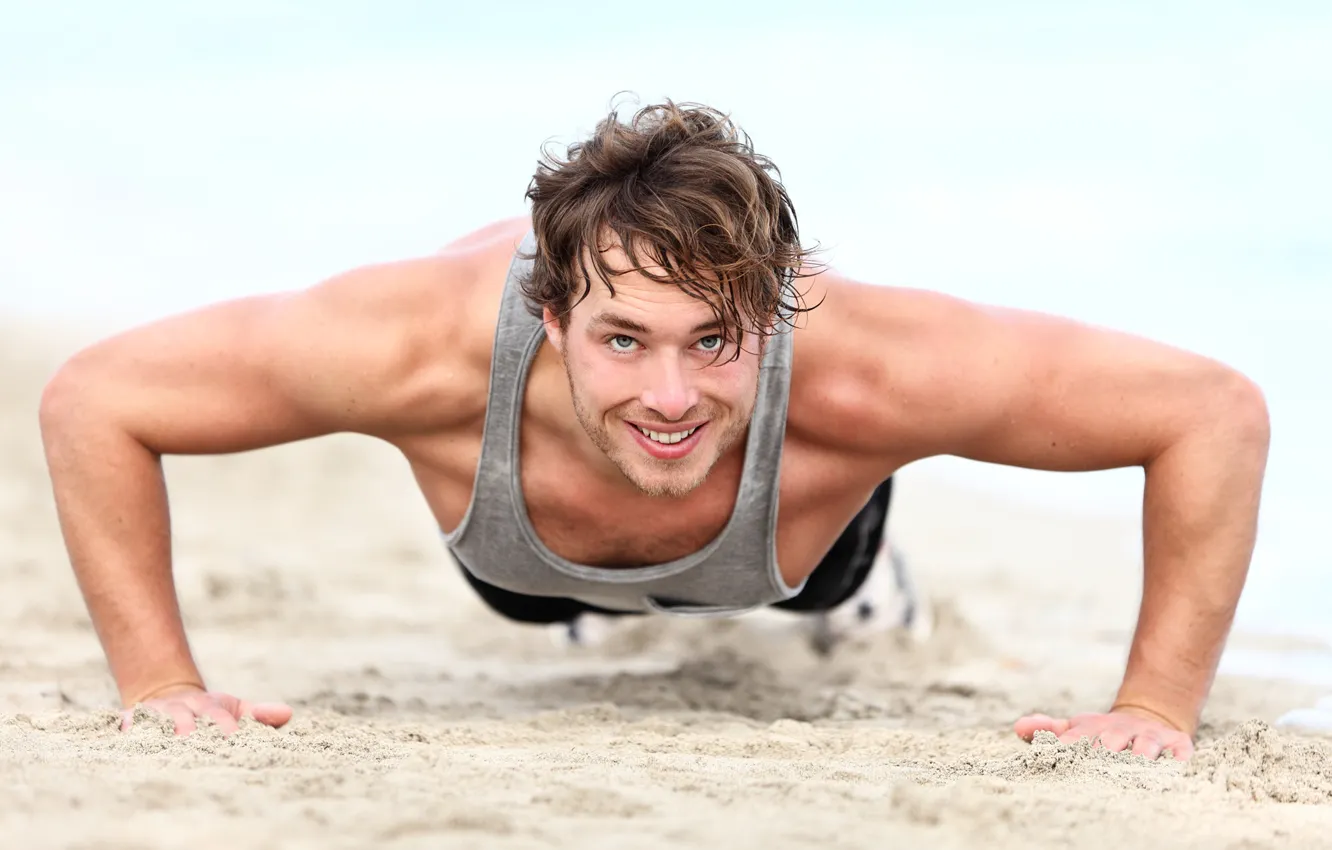 Photo wallpaper sand, beach, smile, male, muscles, pressed