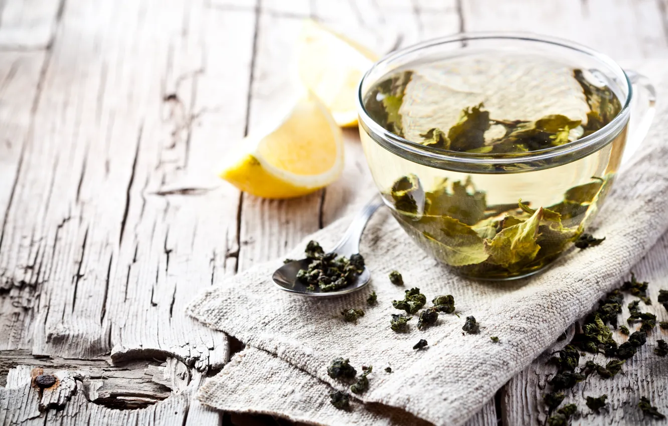 Photo wallpaper green, green, drink, wood, tea, tea with lemon