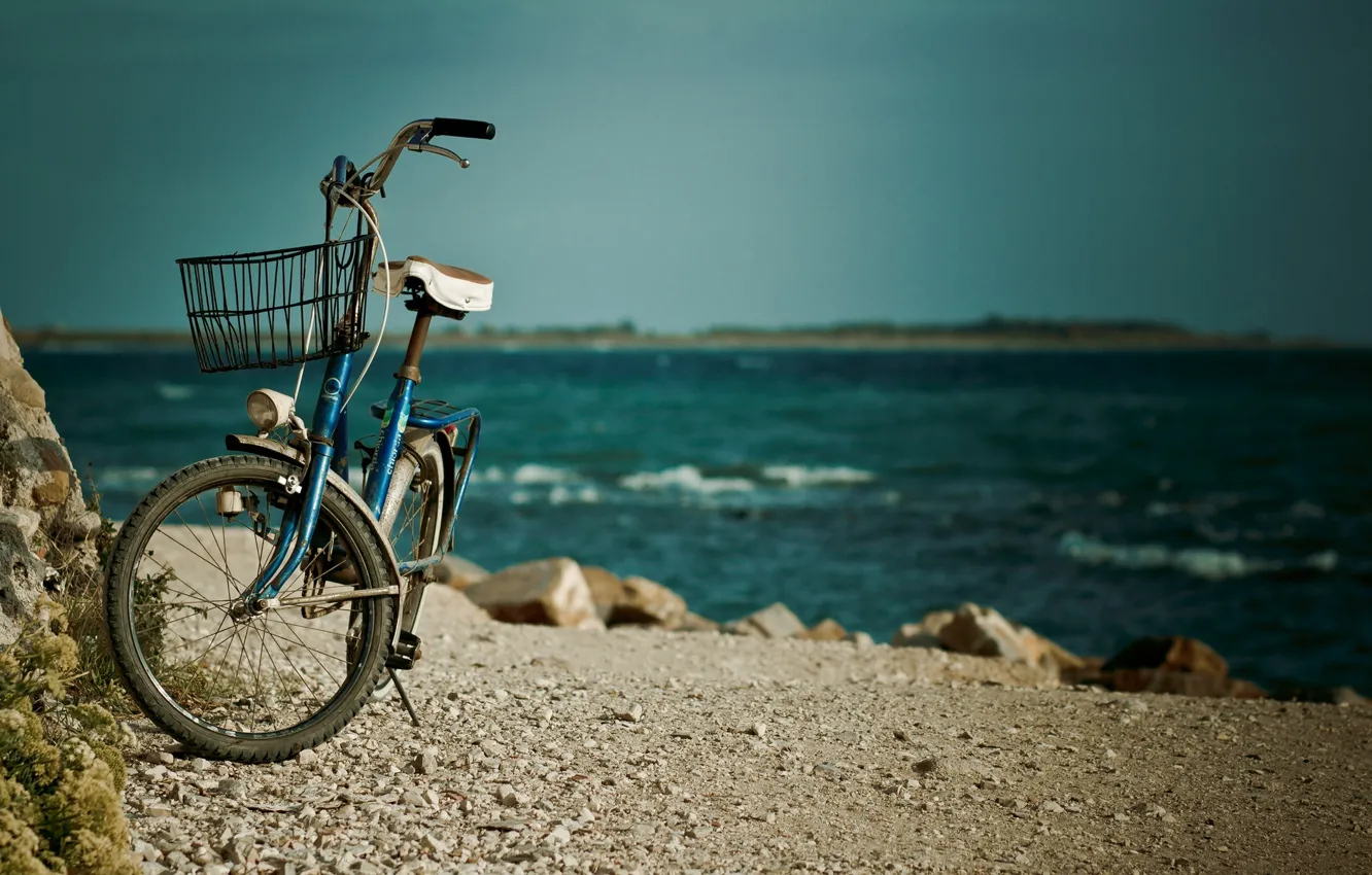 Photo wallpaper sea, water, bike, river, stones, background, mood, widescreen