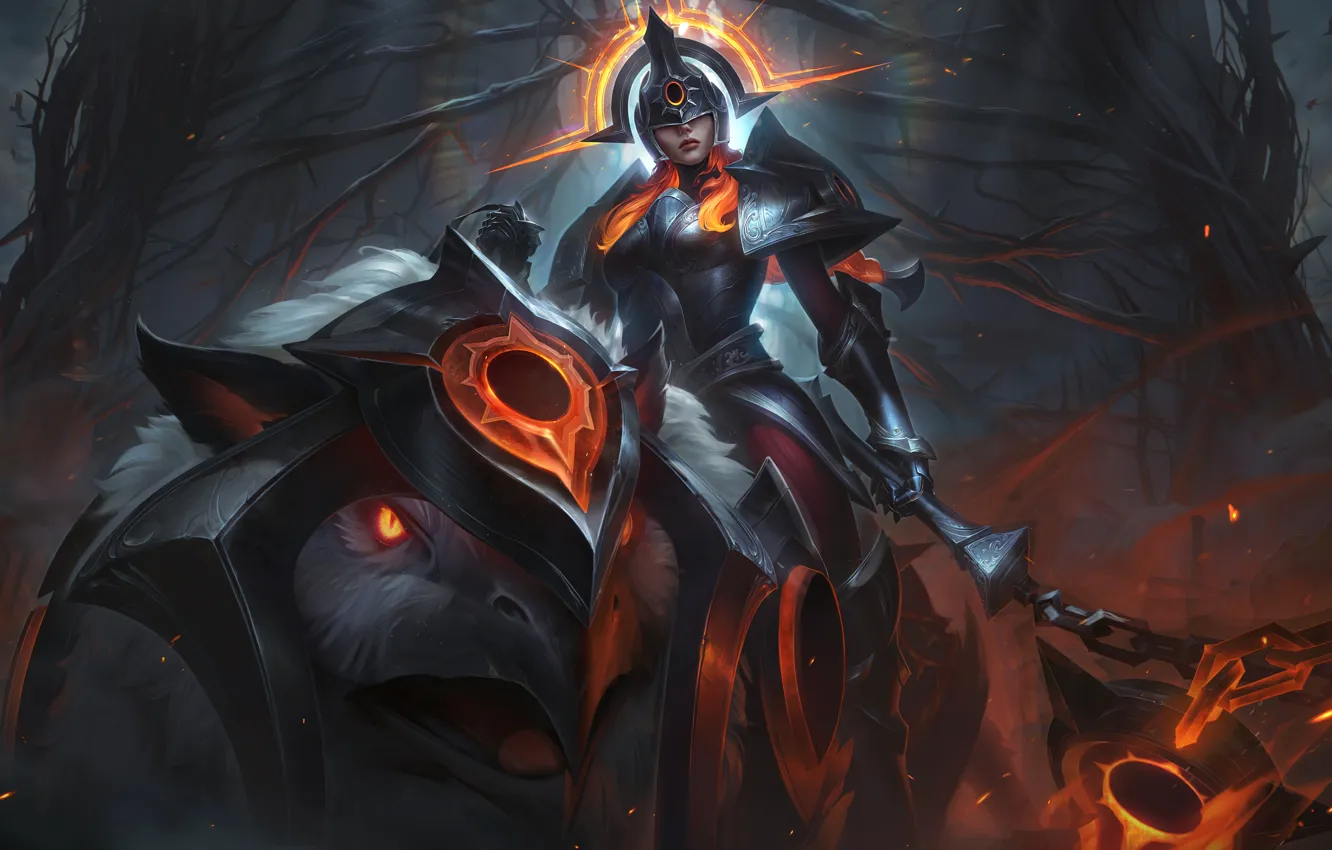 Photo wallpaper forest, trees, weapons, magic, armor, beak, the demon, chain