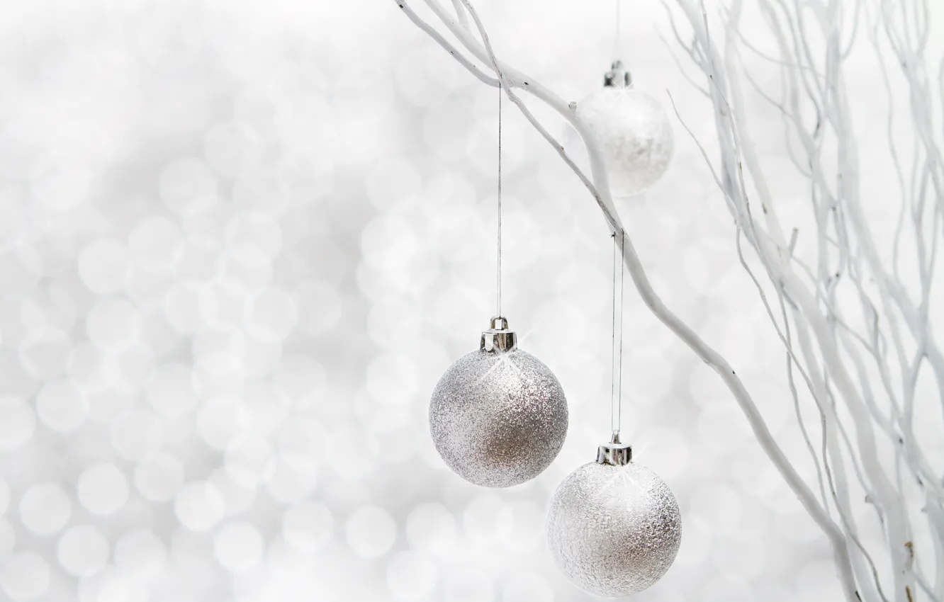 Photo wallpaper winter, balls, branches, toys, New Year, Christmas, decoration, the scenery