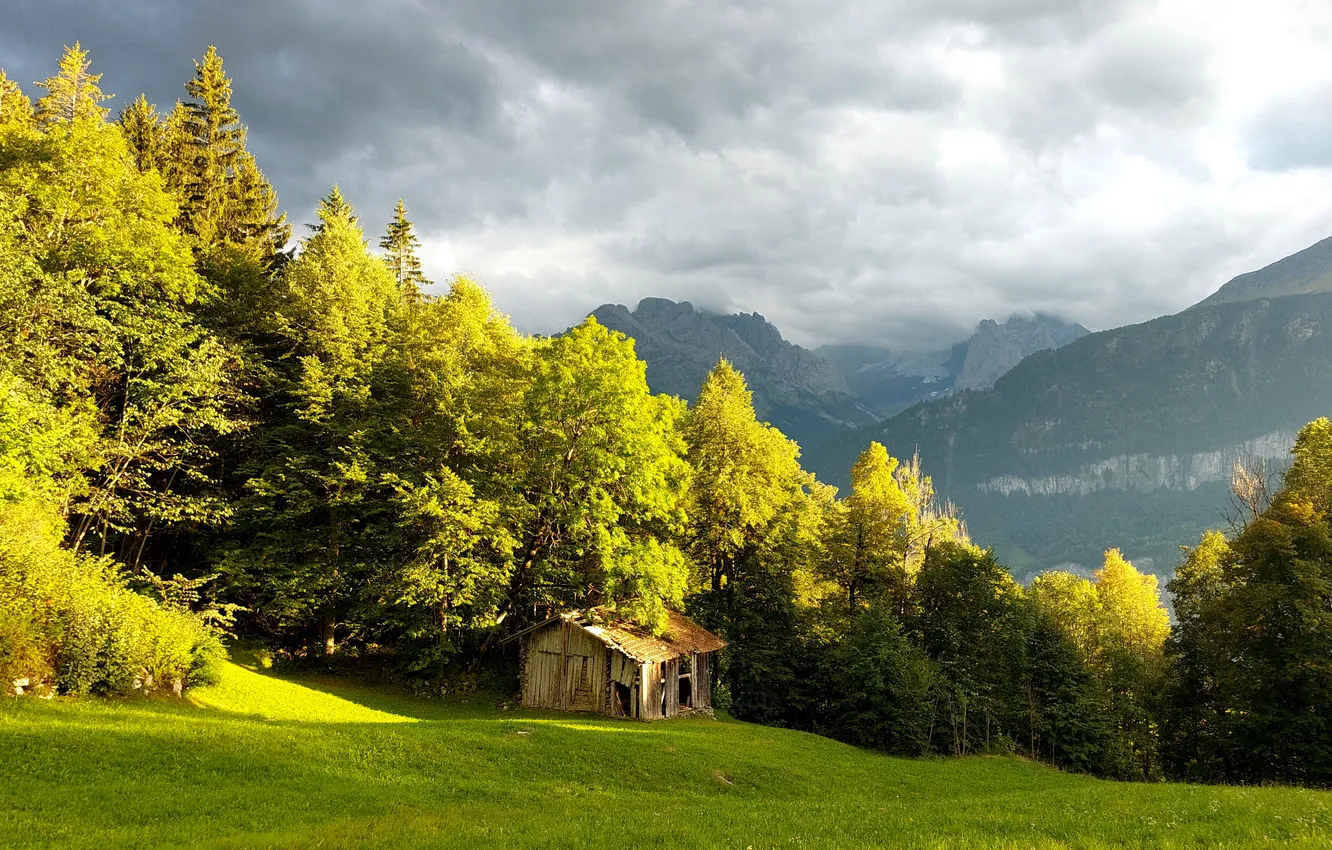 Photo wallpaper clouds, mountains, Switzerland, Alps, sheds