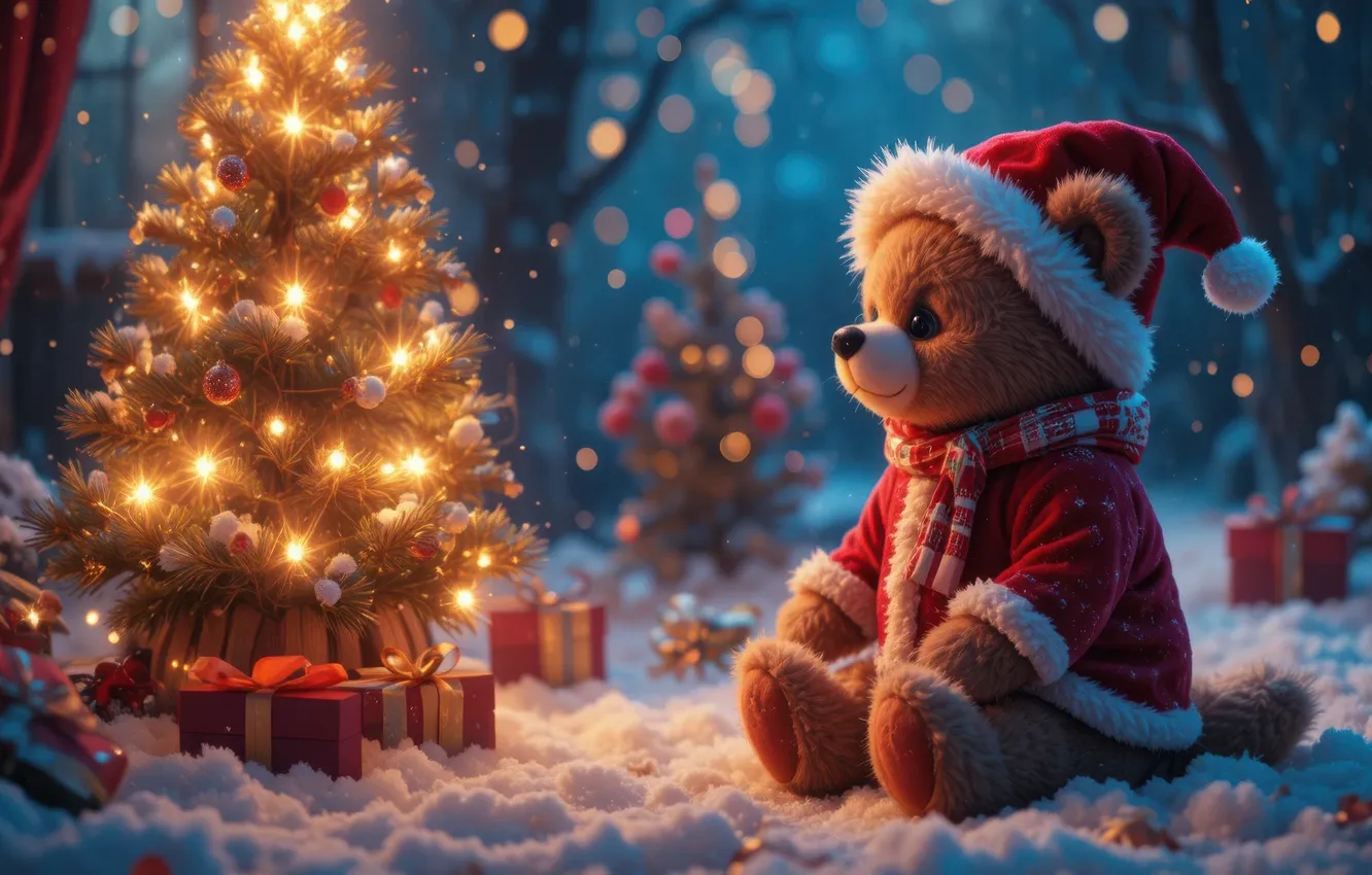 Photo wallpaper winter, light, snow, night, lights, gift, toy, new year
