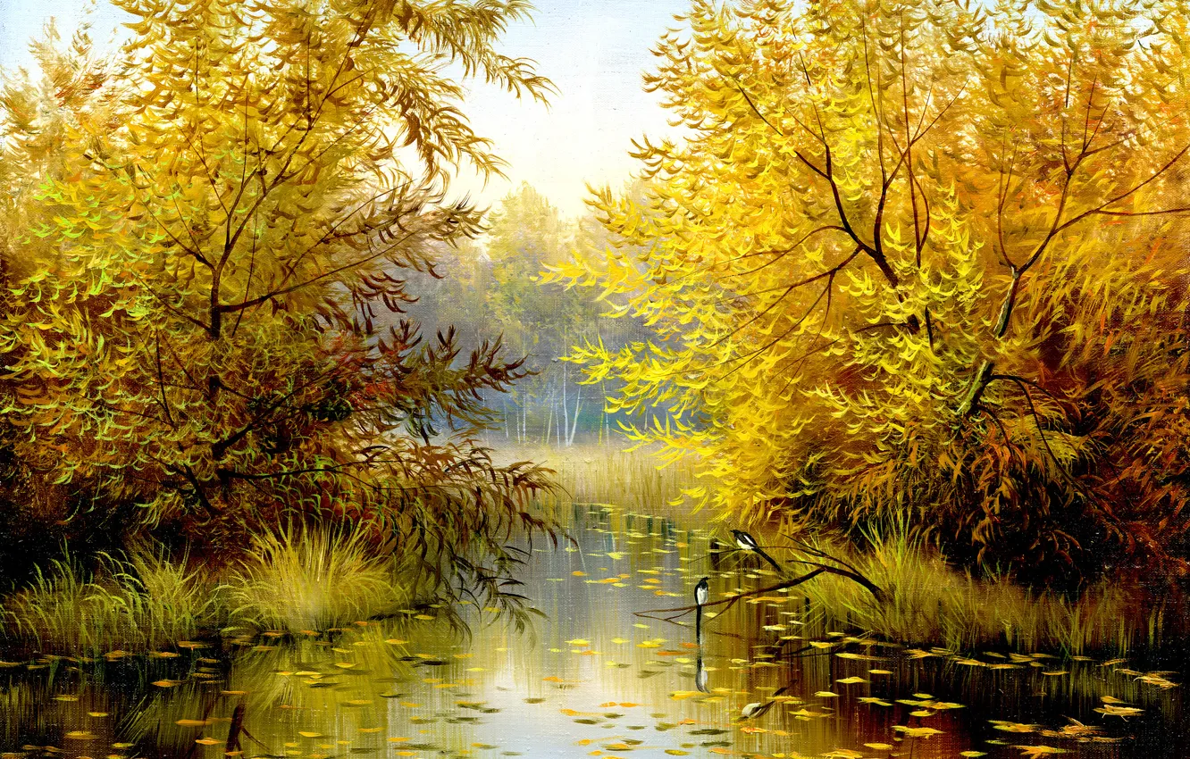 Photo wallpaper autumn, leaves, trees, landscape, nature, bird, painting, time of the year