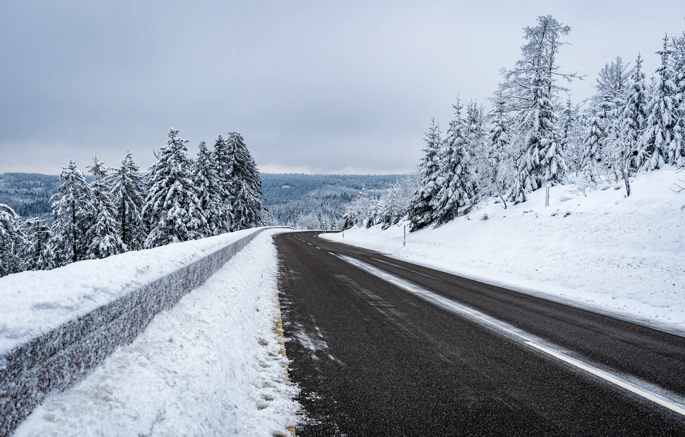 Photo wallpaper winter, road, snow, trees, landscape, mountains, tree, forest