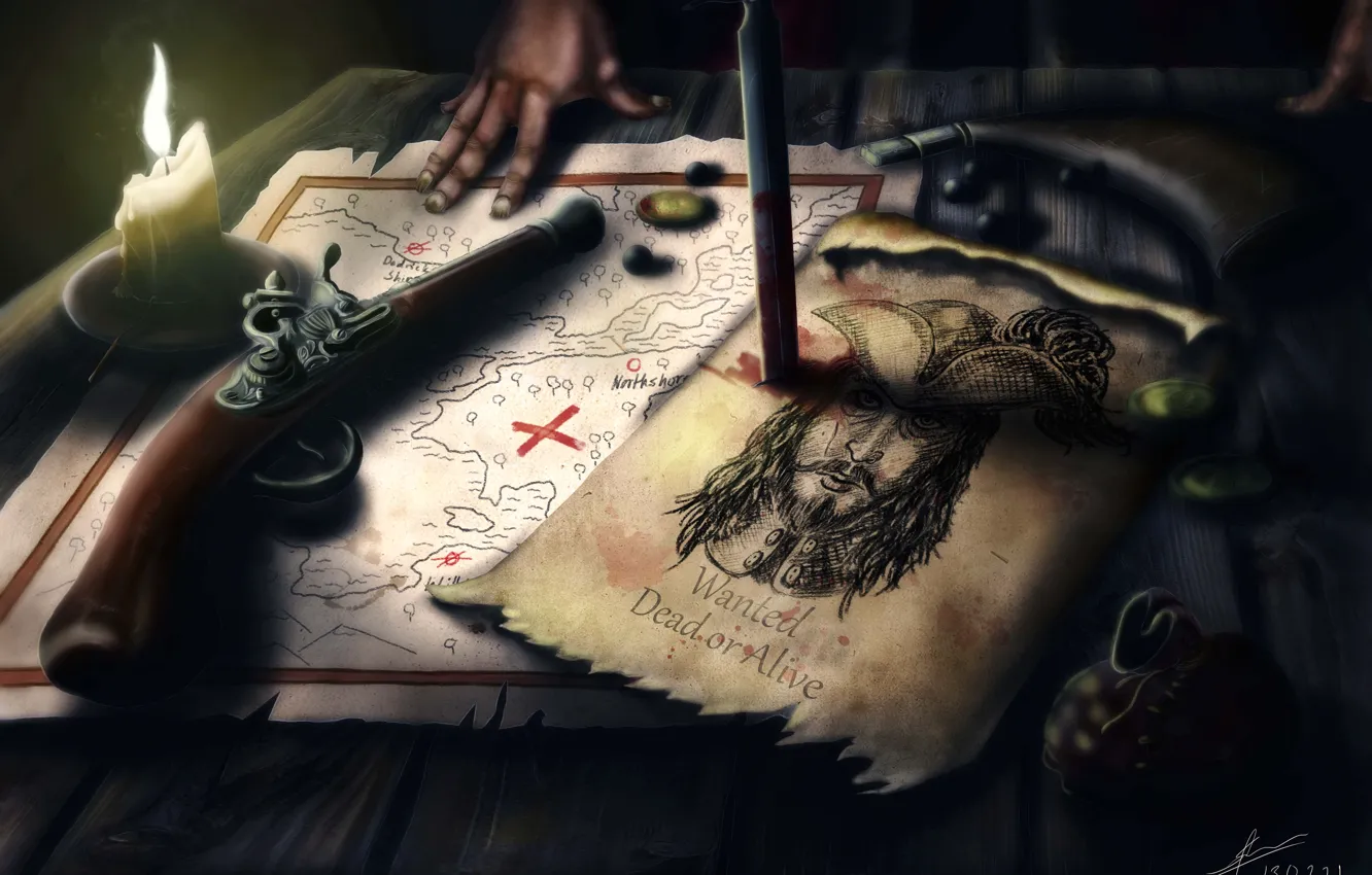 Photo wallpaper table, map, candle, art, pirate, revolver, ad, search