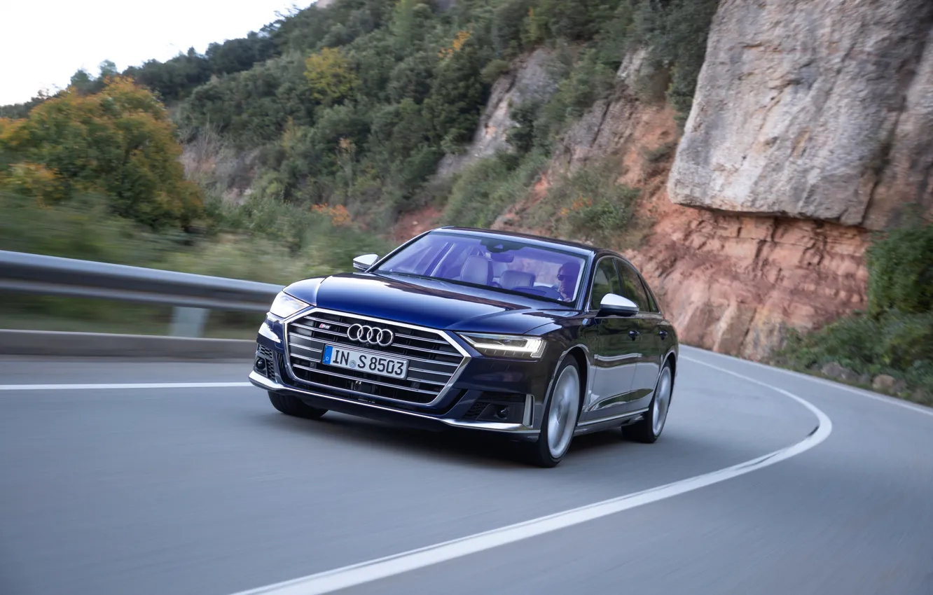 Photo wallpaper road, blue, rocks, Audi, vegetation, turn, sedan, Audi A8