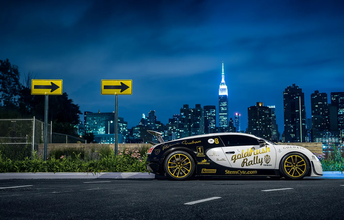 Photo wallpaper Bugatti, Veyron, New York, NYC, Side, Supersport, Nigth, Pur Blanc