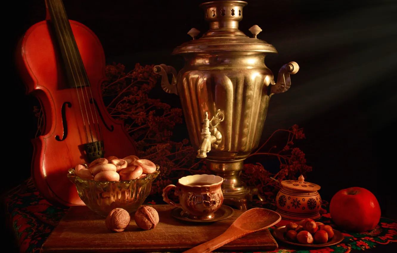 Photo wallpaper light, flowers, branches, the dark background, table, tea, violin, apples