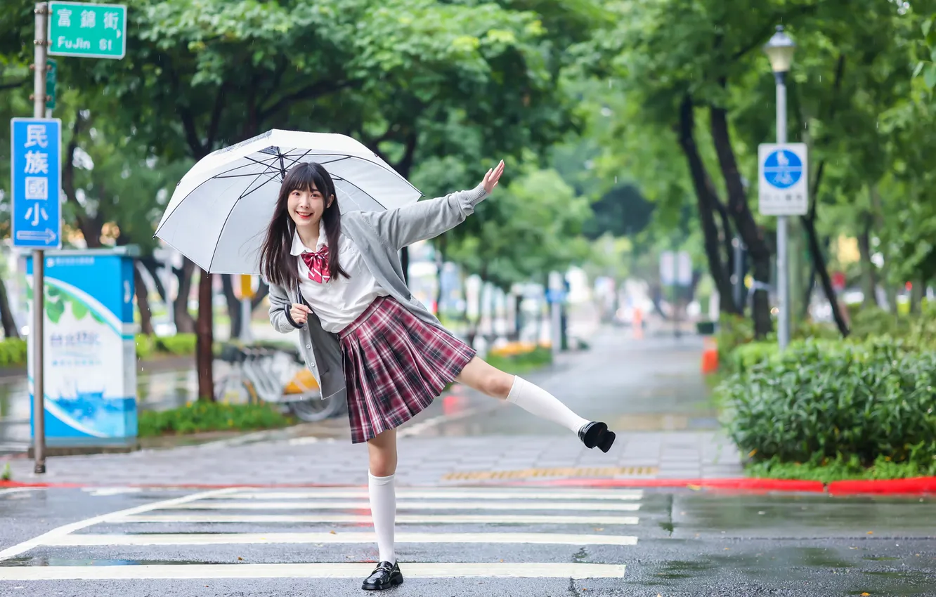 Photo wallpaper girl, pose, umbrella, legs, Asian