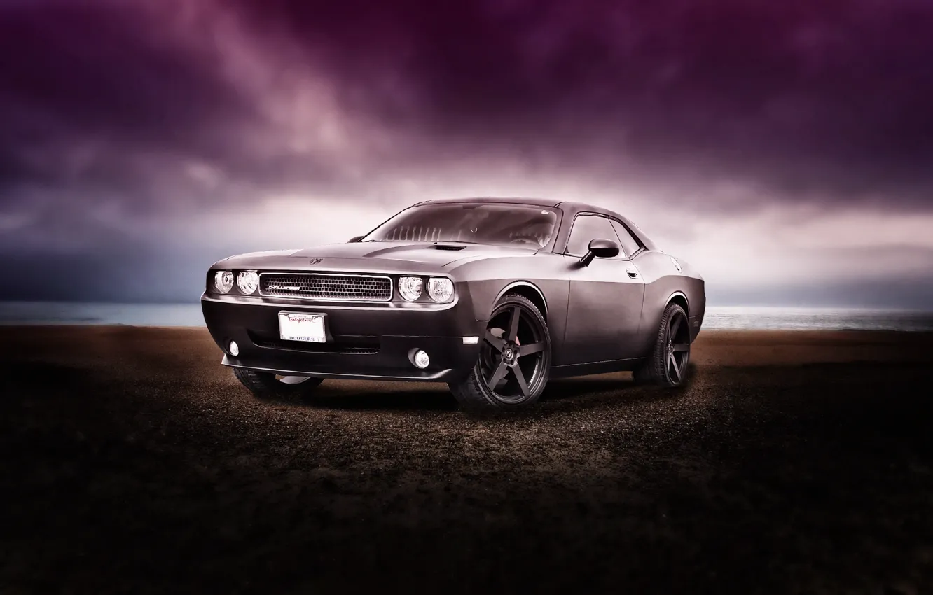 Photo wallpaper sea, car, Dodge, Dodge Challenger, auto, grey