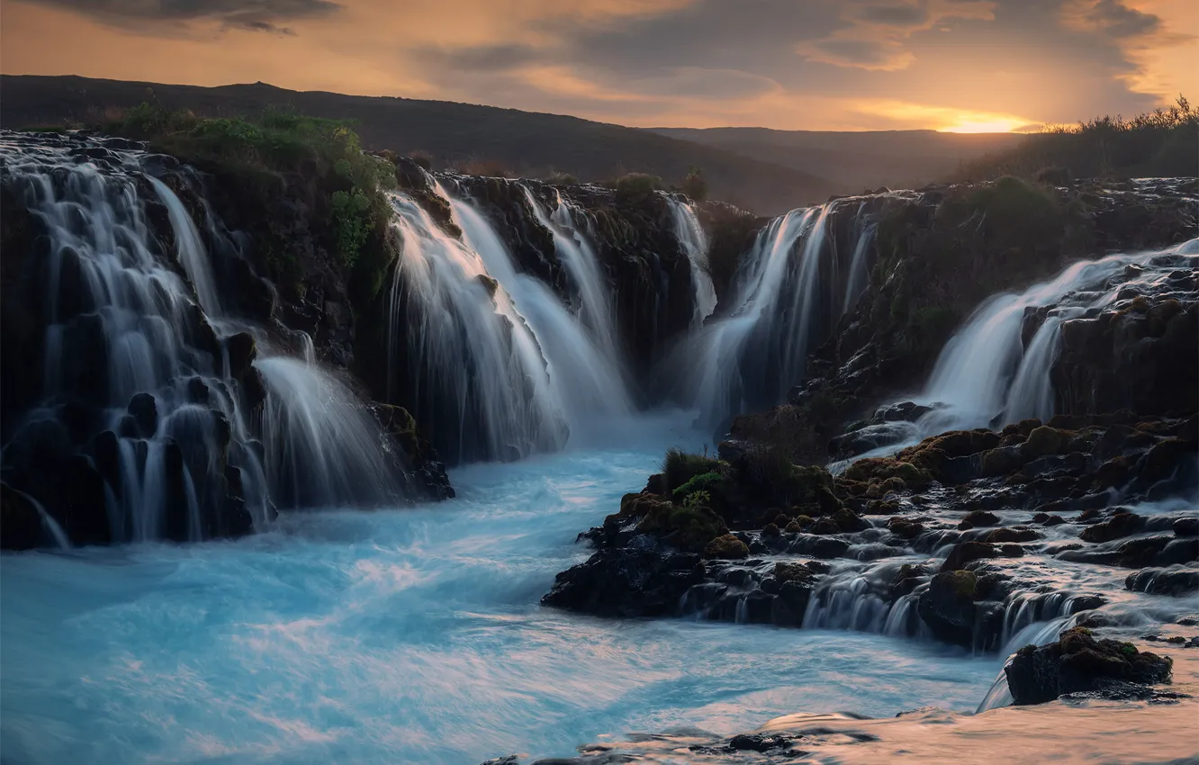 Photo wallpaper sunset, mountains, rocks, hills, shore, waterfall, waterfalls, Iceland