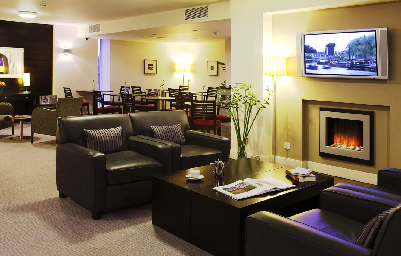 Photo wallpaper table, chair, fireplace, the hotel, the hotel, hall