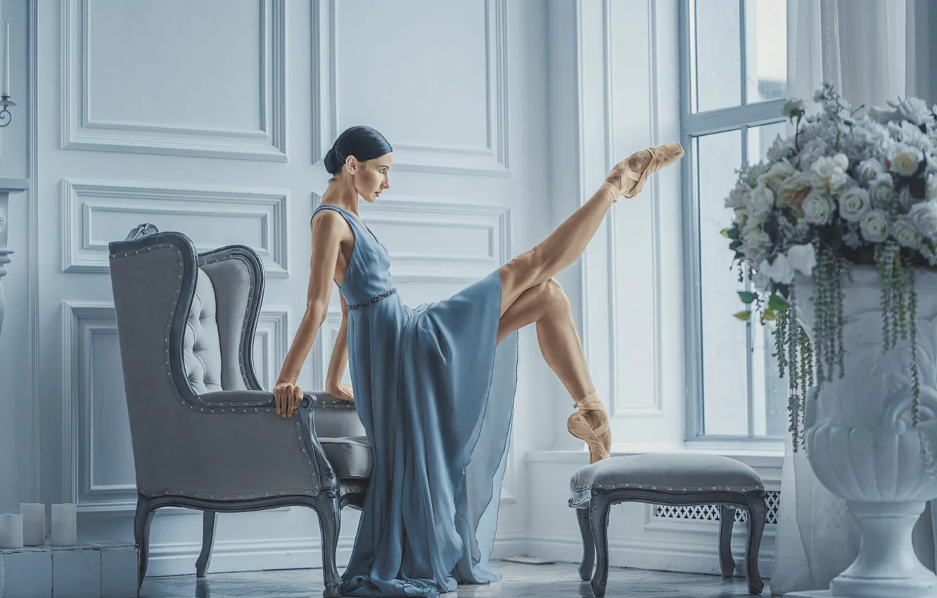 Photo wallpaper girl, flowers, pose, dance, chair, dress, ballerina, ballet