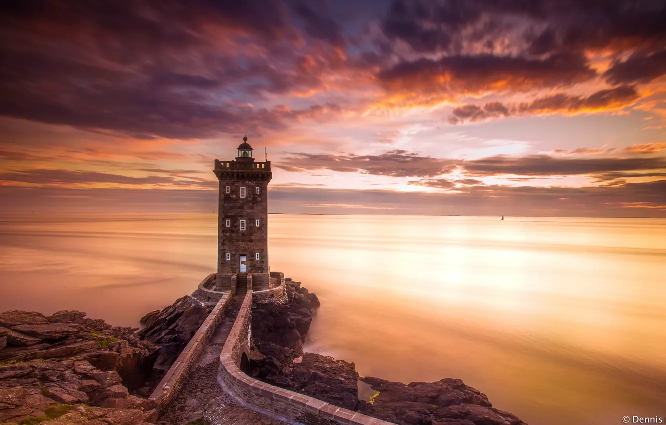 Photo wallpaper sea, clouds, sunset, reflection, lighthouse, mirror, horizon